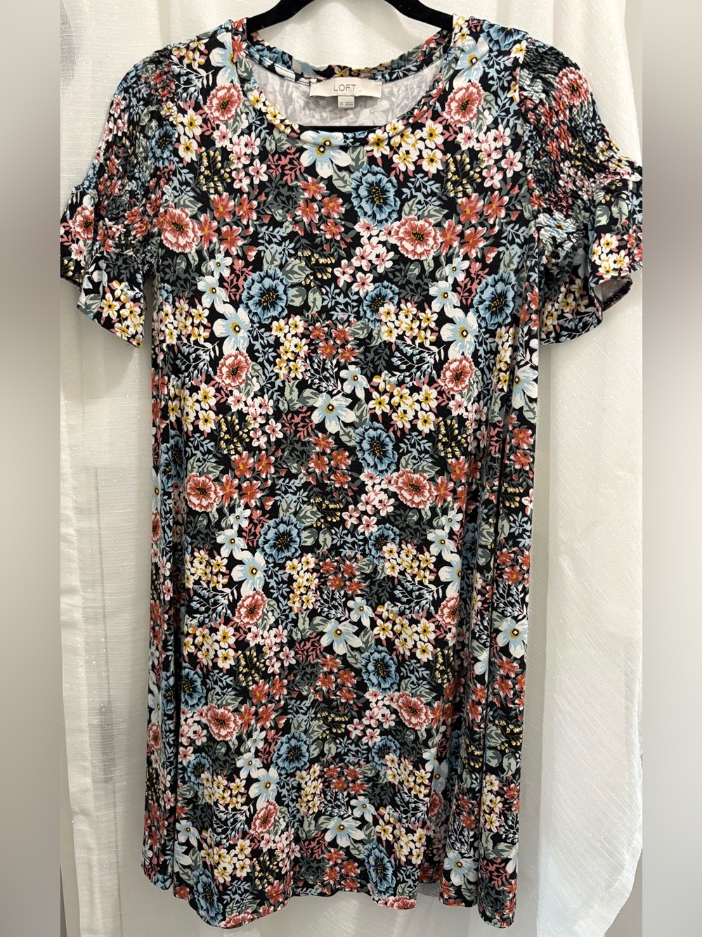 LOFT Black Floral Bouquet Swing Dress with Smocked Flutter Sleeves